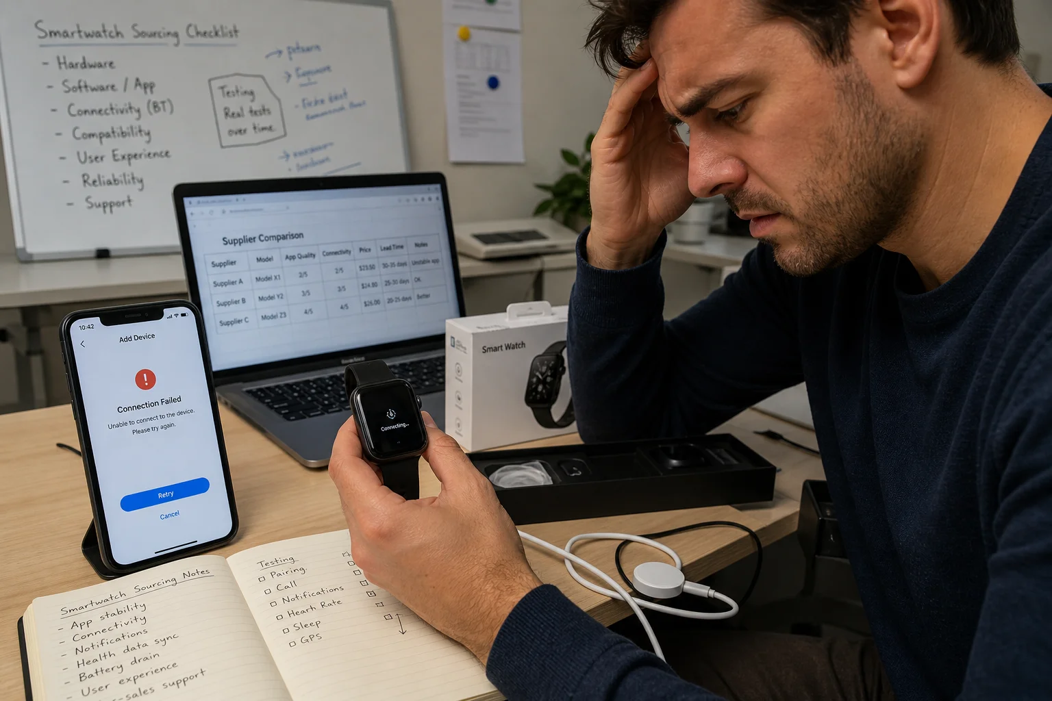 A person frustrated with a smartwatch that is not connecting to their phone