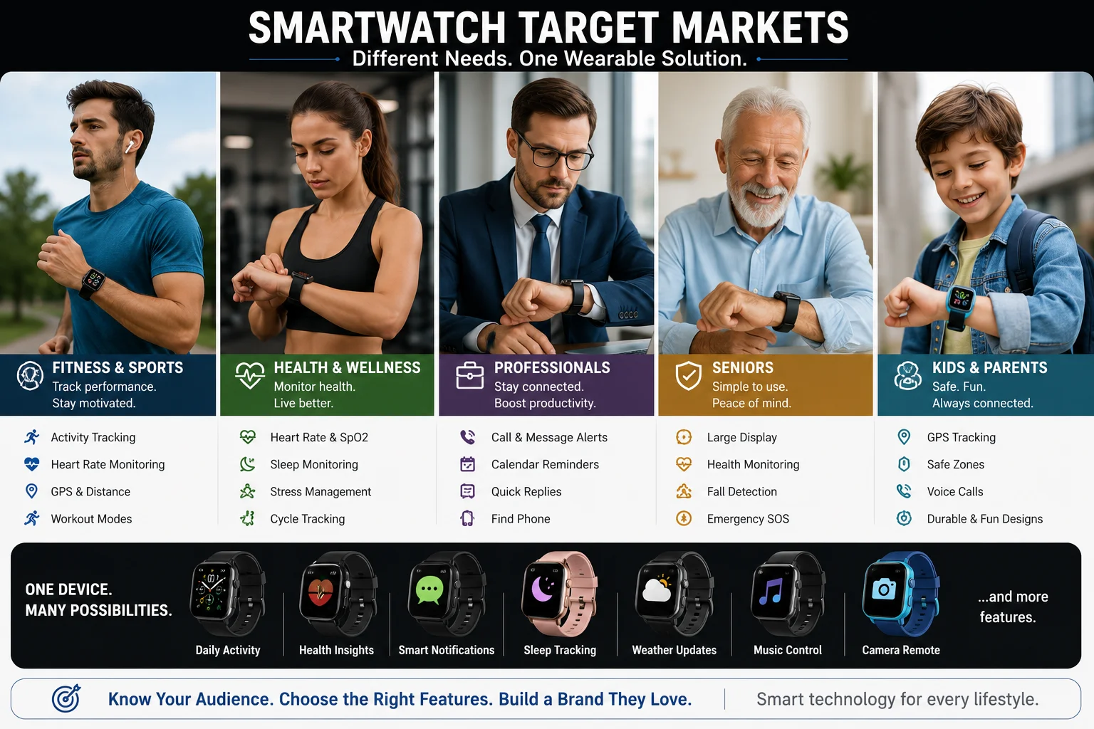 Smartwatch Target Markets a collage of different people using smartwatches: a runner, a business person, a senior