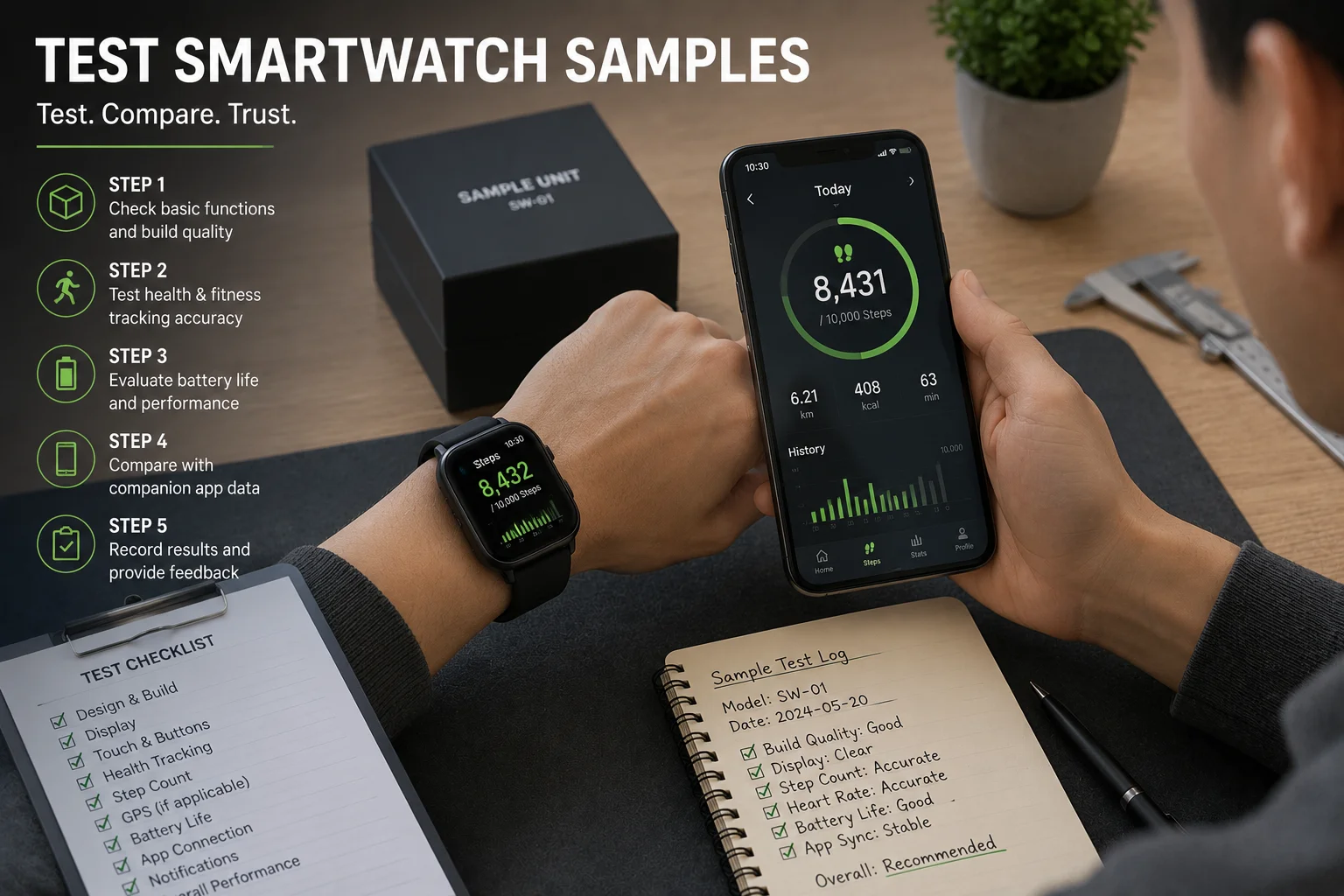 Testing Smartwatch Samples a person testing a smartwatch sample, comparing its step count to a phone