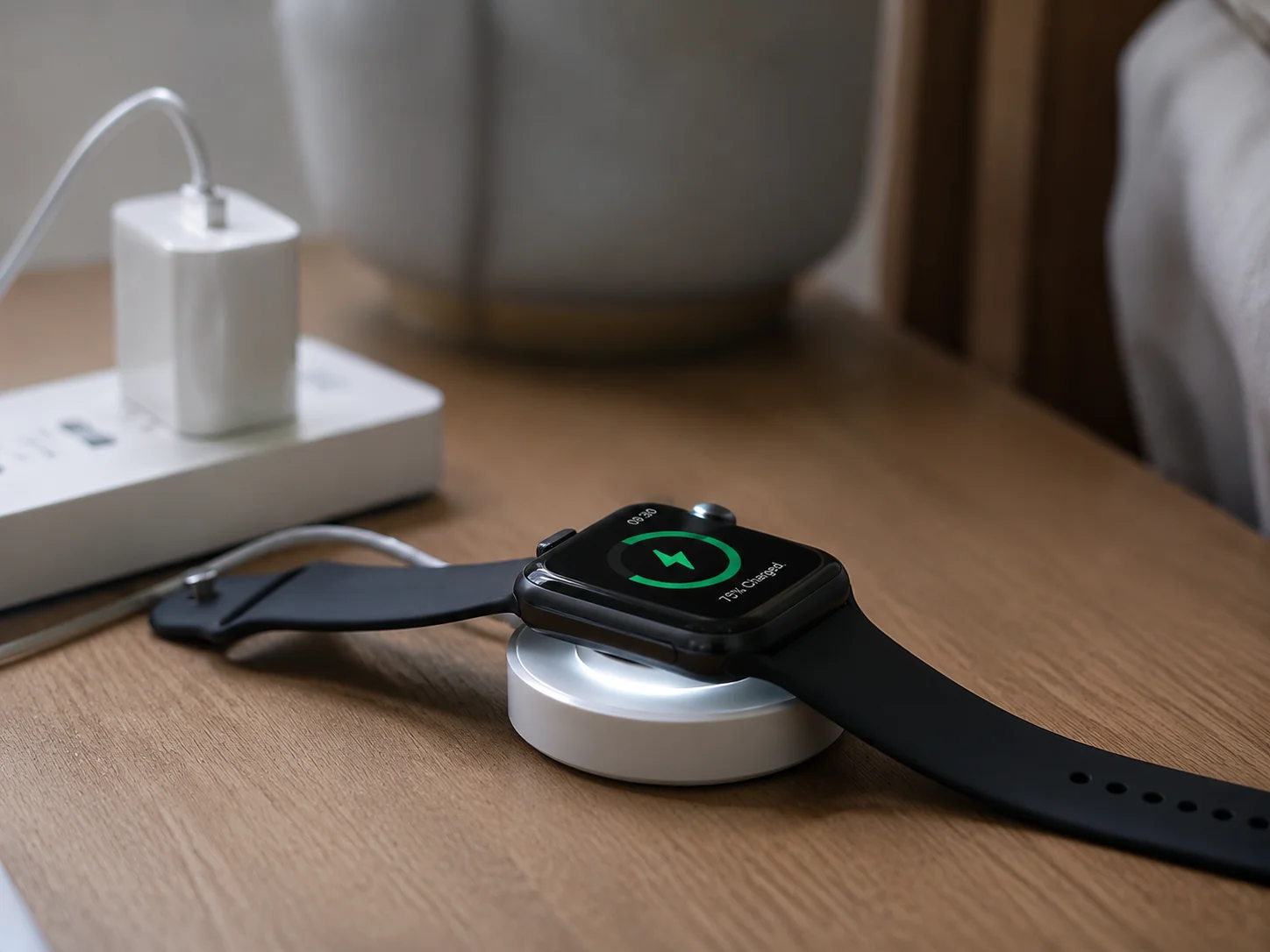 Smartwatch Charging Options A smartwatch charging on a magnetic wireless charger
