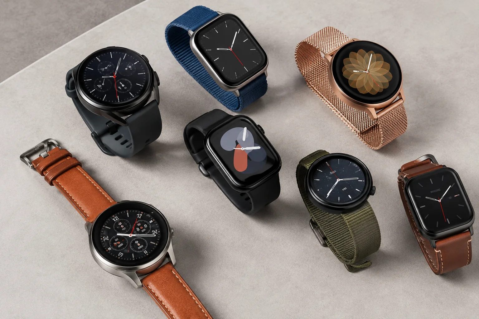Testing Smartwatches with Low MOQ A collection of smartwatches with different styles and bands