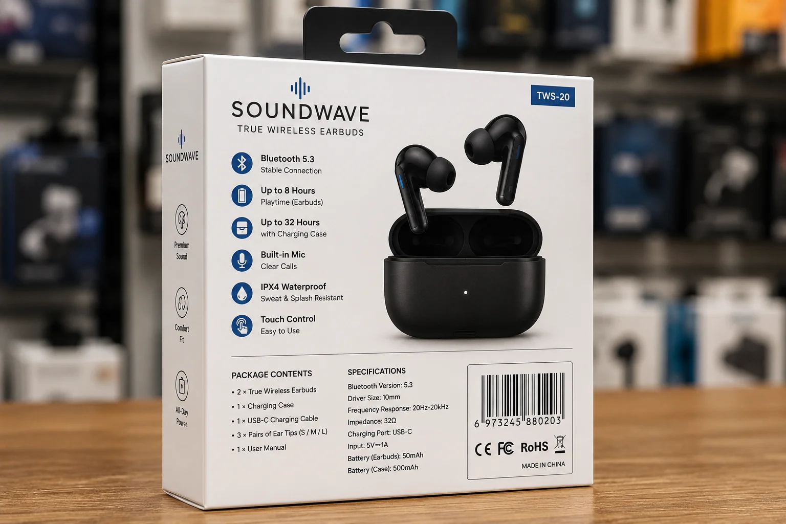 Retail-Ready Packaging Details A product box with a hang tab and a clearly visible barcode