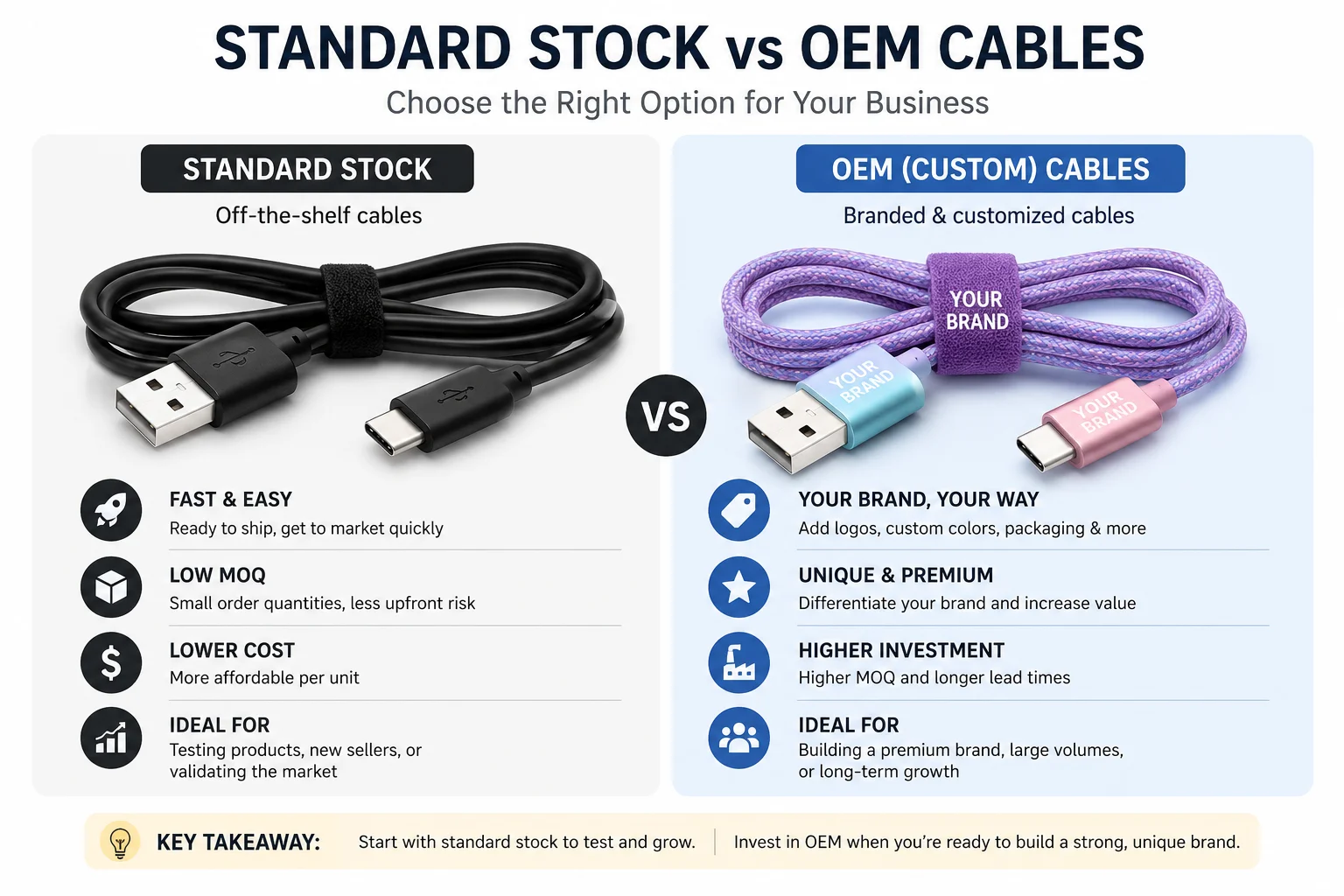 A standard black USB cable next to a custom branded colorful USB cable