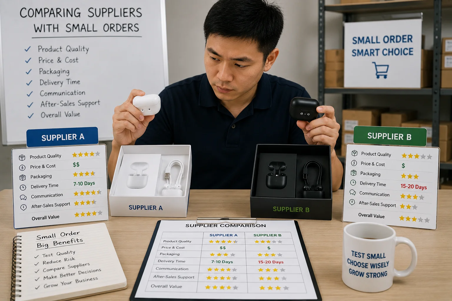Comparing Suppliers with Small Orders A person comparing two different boxes of electronic products side-by-side