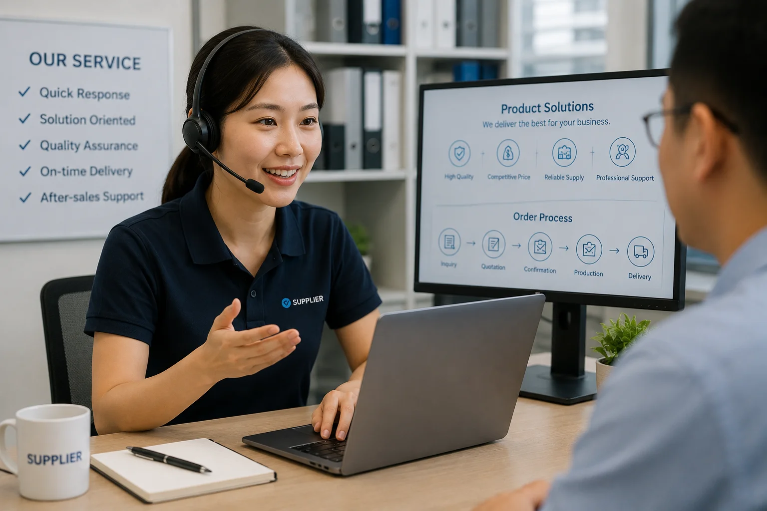 Excellent Supplier Communication A customer service representative with a headset talking to a client