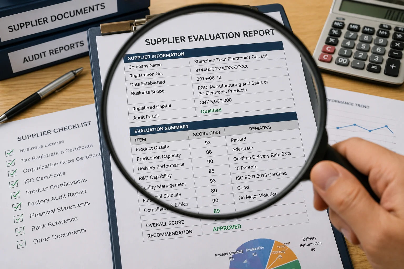Scrutinizing a Supplier A magnifying glass focusing on a business document
