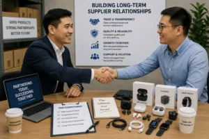 Two business professionals shaking hands at a desk with various electronics products displayed, showcasing supplier partnership values and commitment.