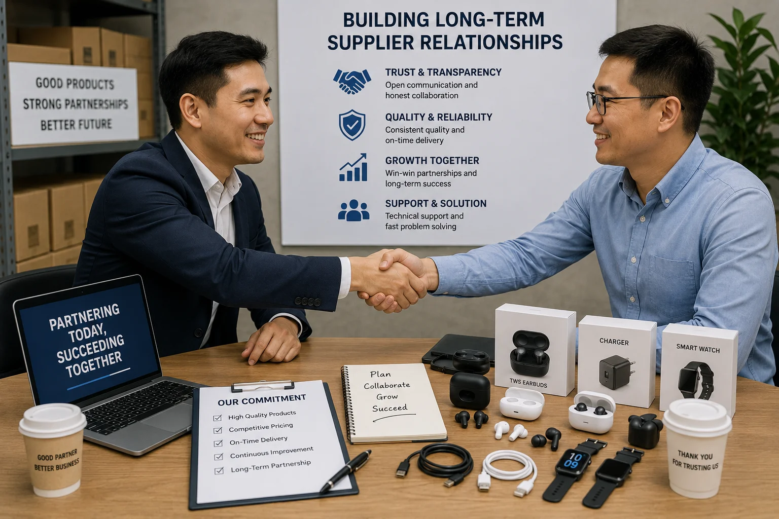 Building Long-Term Supplier Relationships Two people shaking hands over a desk with product samples