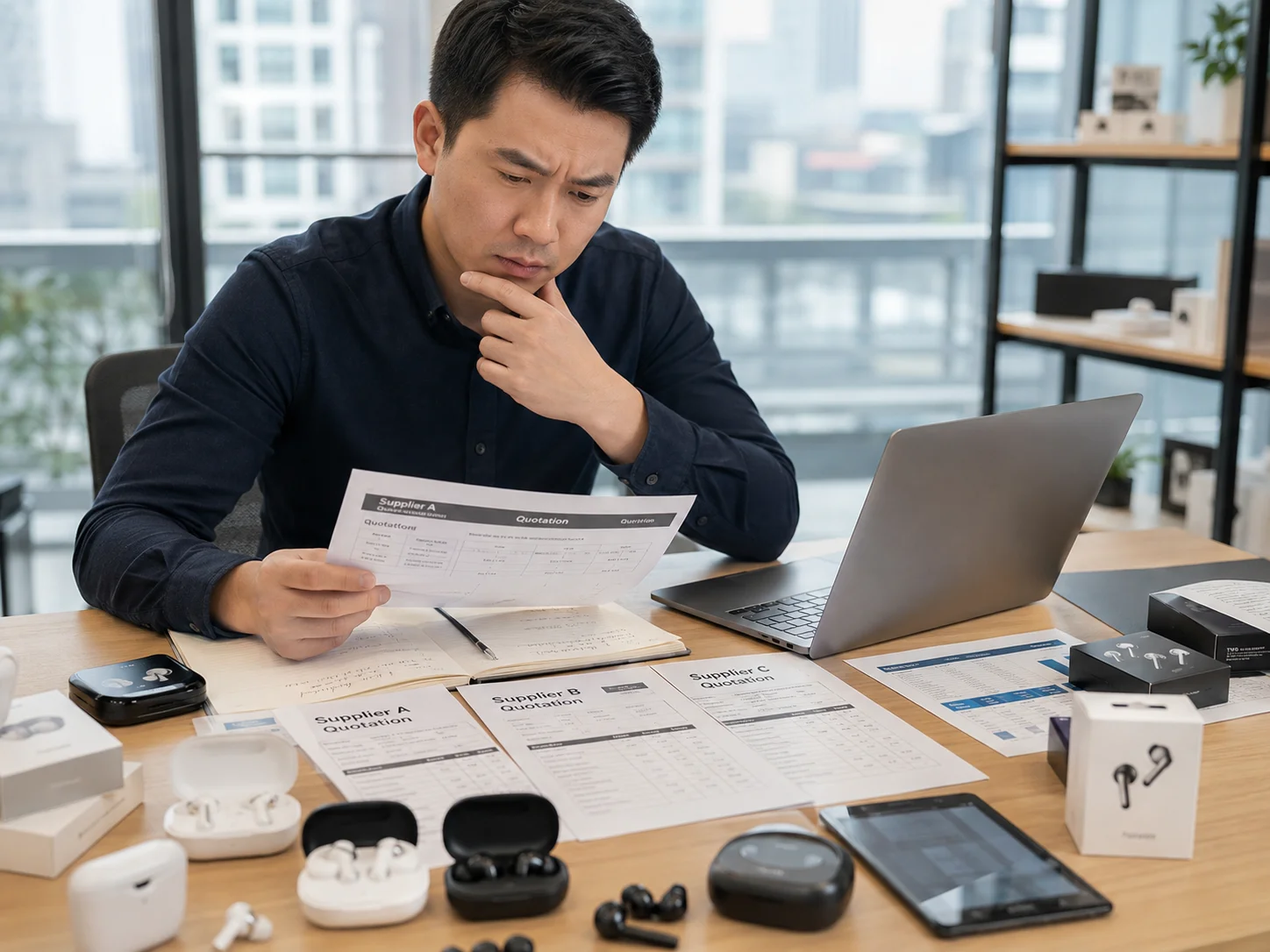 Comparing TWS Suppliers A buyer looking confused while comparing different supplier quotes