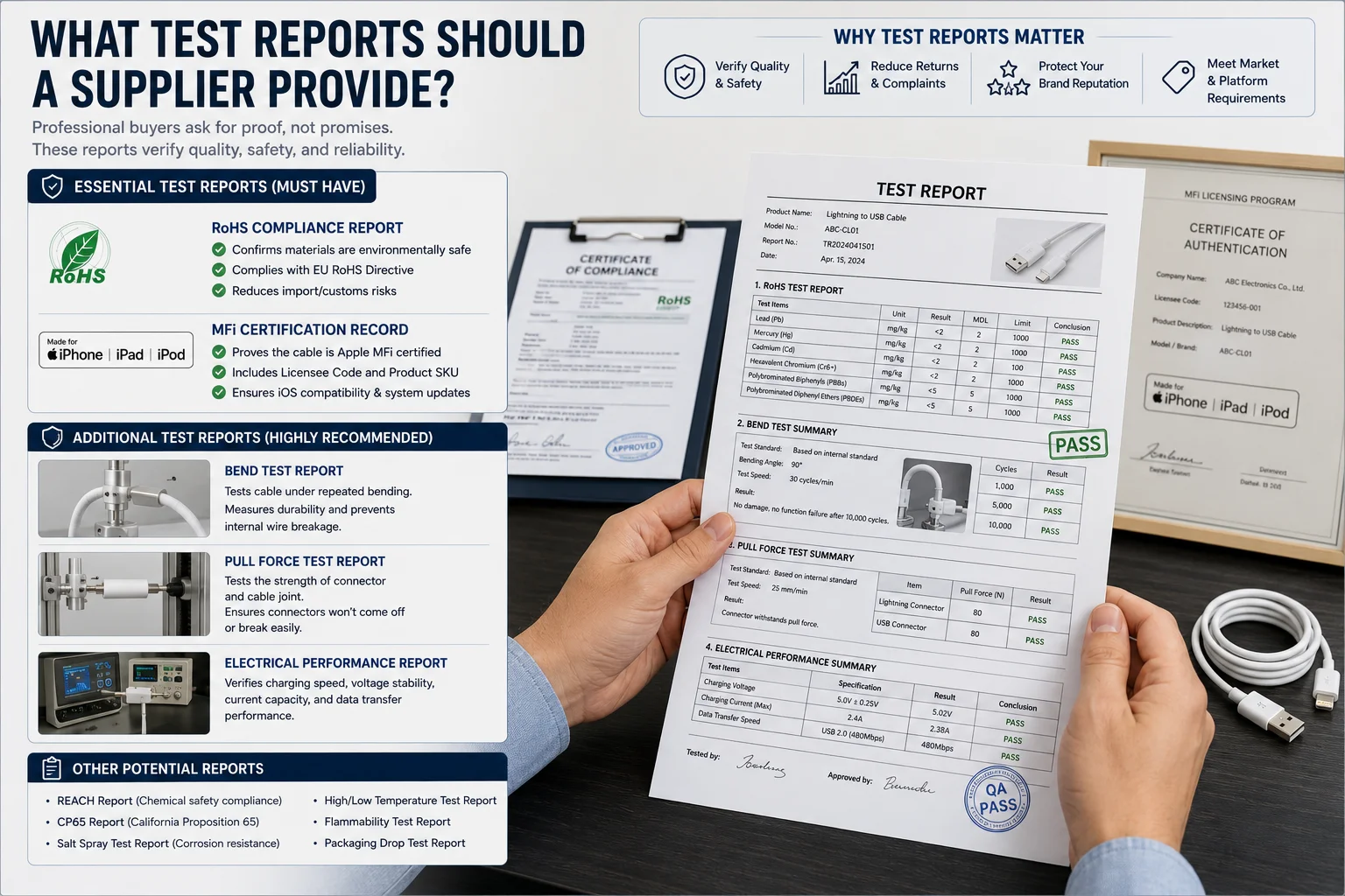 A person reviewing a technical test report document