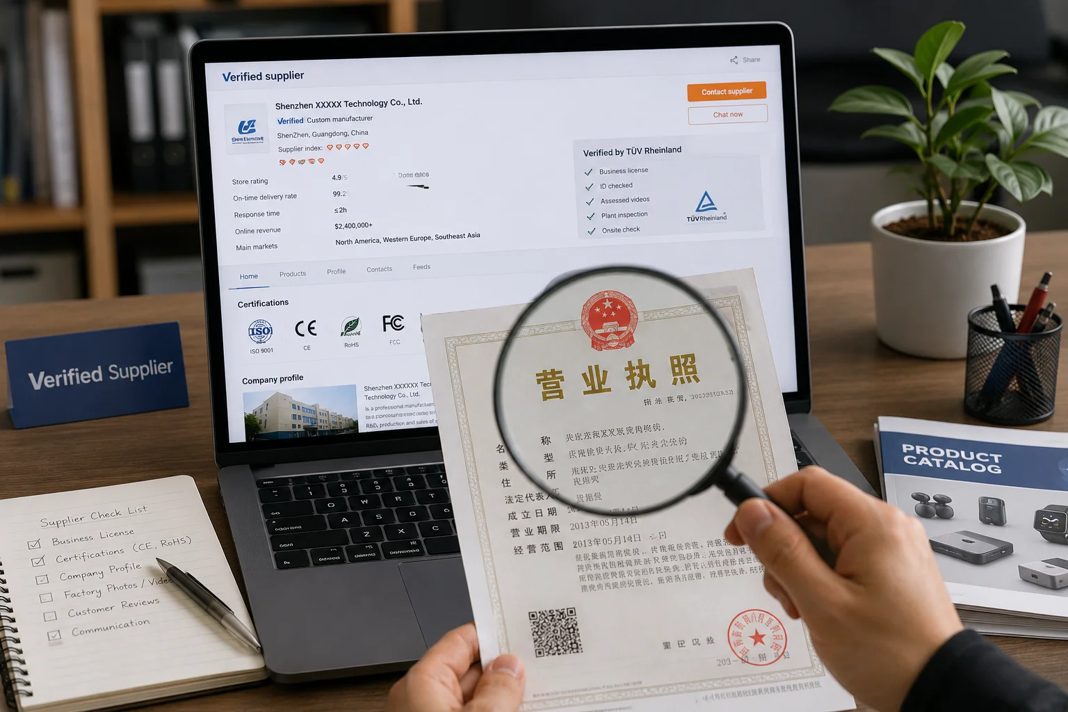 Verifying Supplier Reliability A magnifying glass inspecting a supplier's business certificate