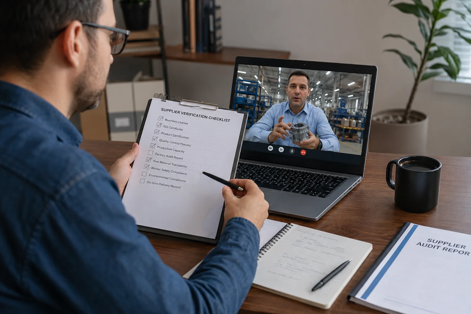 A business person having a video call with a supplier, pointing to a checklist on their screen.
