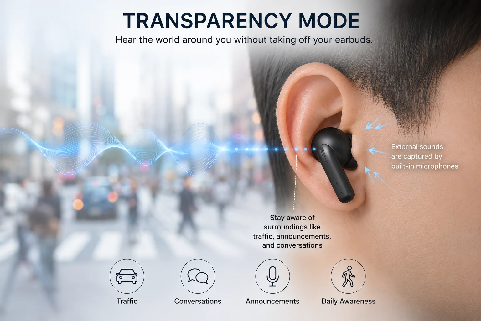 Transparency Mode Feature Icon representing sound passing through an earbud for transparency mode