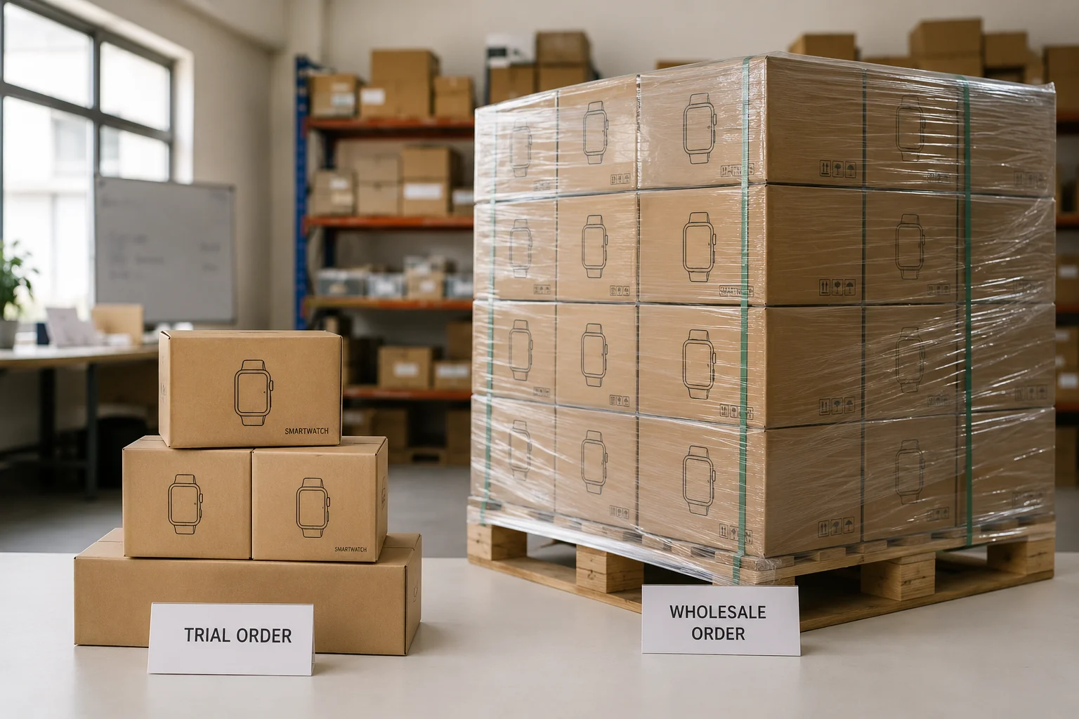 Scaling from Trial to Wholesale Orders A small stack of boxes growing into a larger pallet of boxes