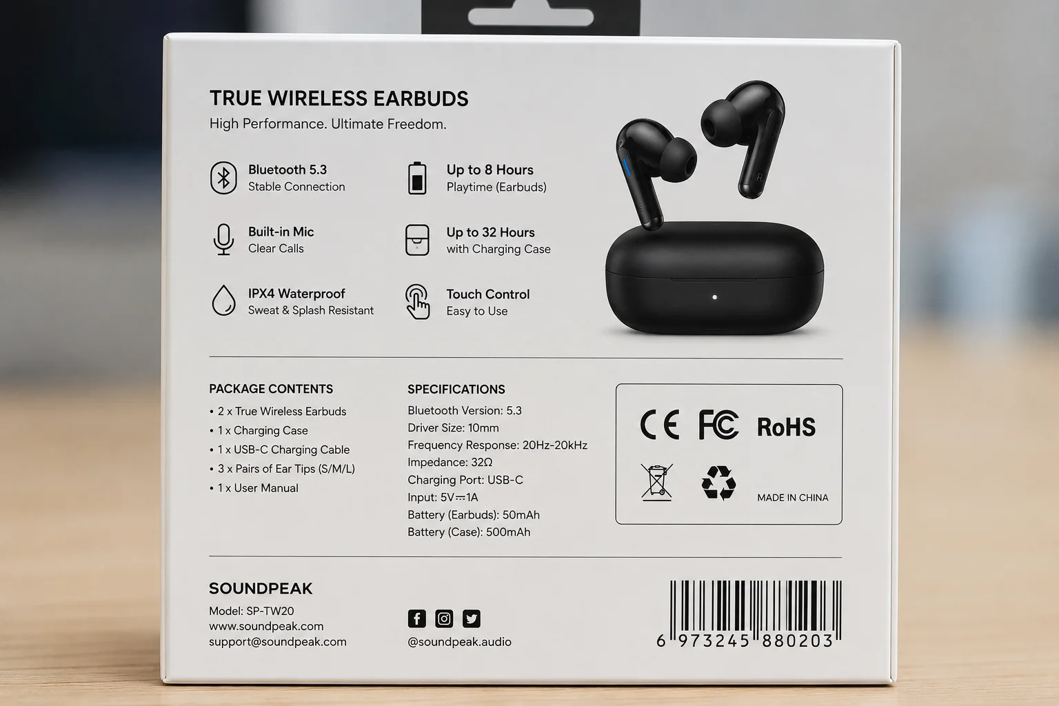 Certification Logos on Packaging The back of a product box showing CE, FCC, and RoHS logos