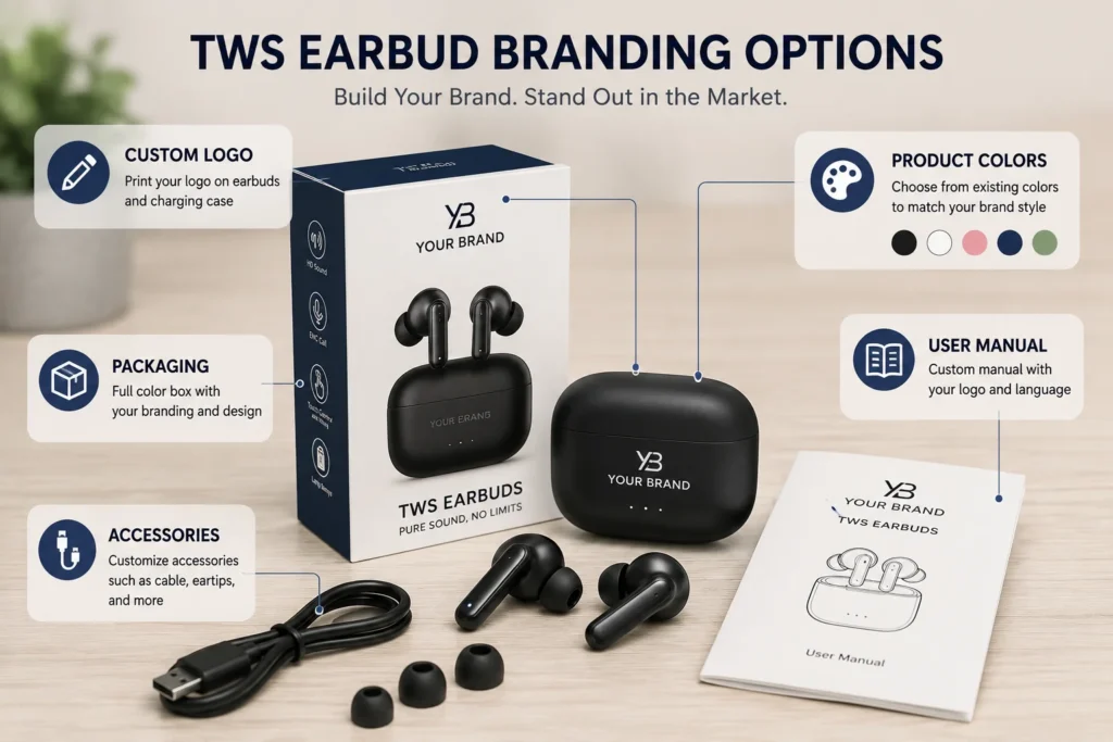 True wireless earbuds with customizable branding options including packaging, logo, product colors, user manual, and accessories displayed on a wooden desk.