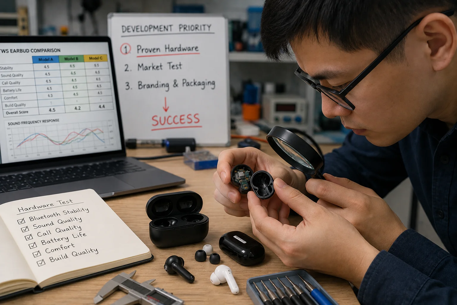Proven TWS Earbud Hardware A person examining the internal components of a TWS earbud