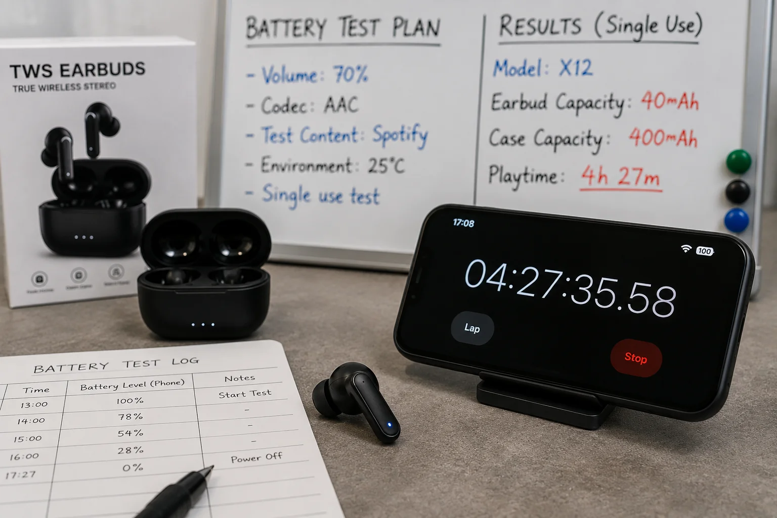 Testing TWS Earbud Battery Life An earbud being tested with a timer next to it