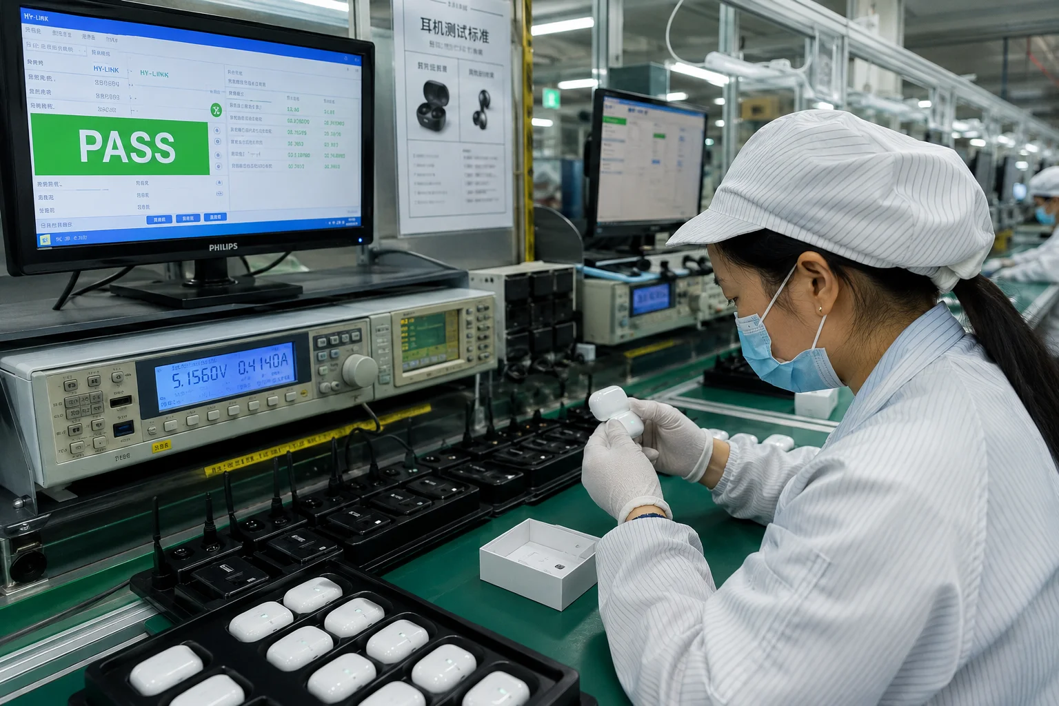 TWS Battery Consistency and Quality Control A factory line with TWS earbuds being tested for quality control