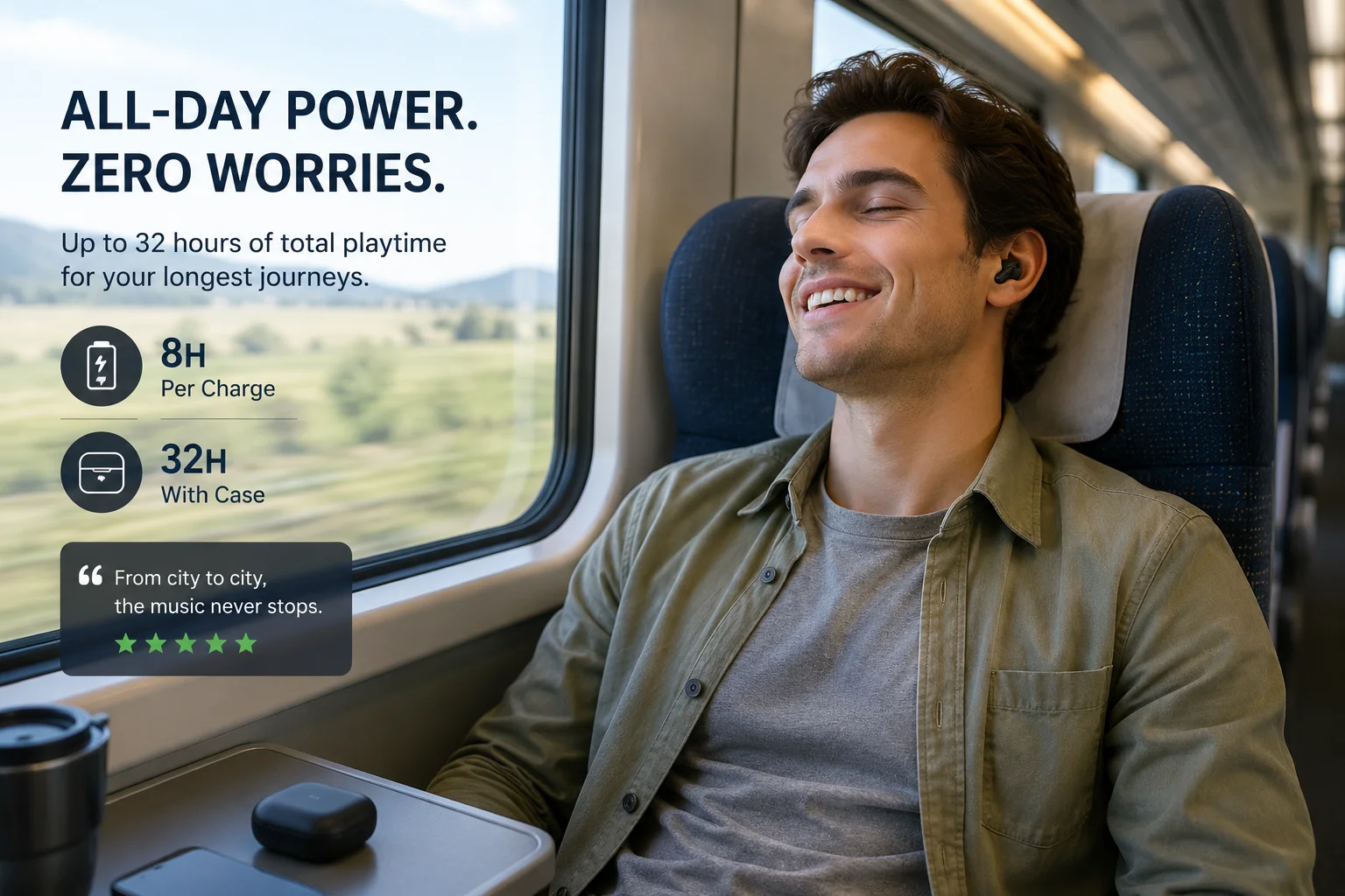 Long Playtime Solves Customer Pain A person happily listening to music on a long train ride with TWS earbuds