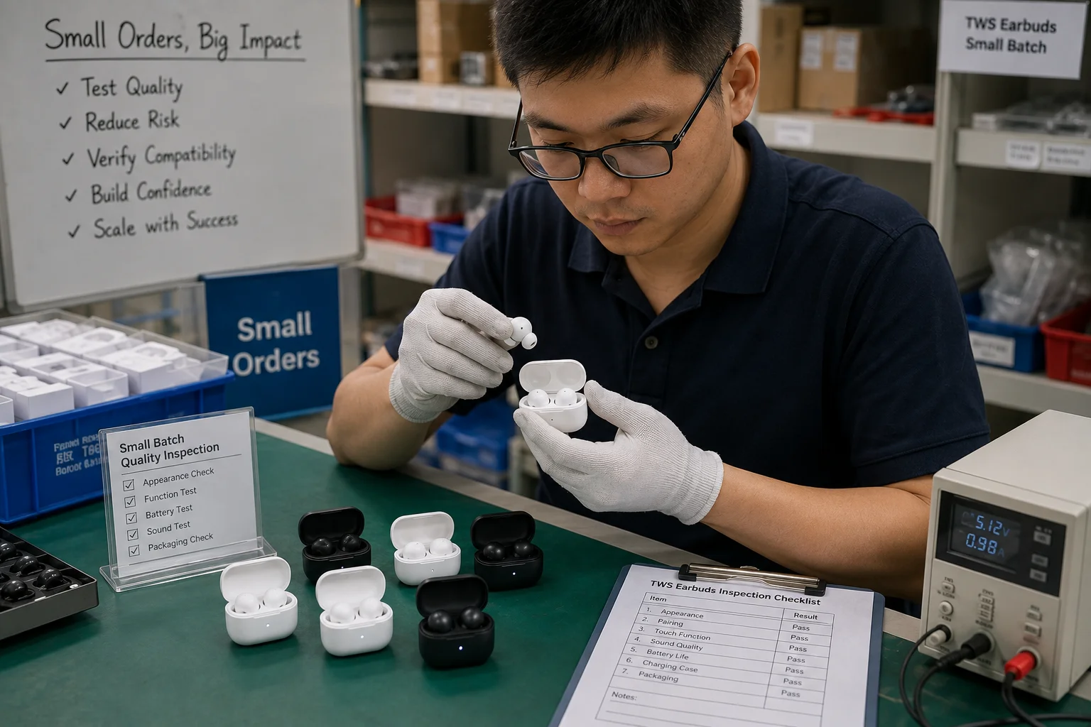 Importance of Small Wholesale Orders in Electronics A person inspecting a small batch of TWS earbuds