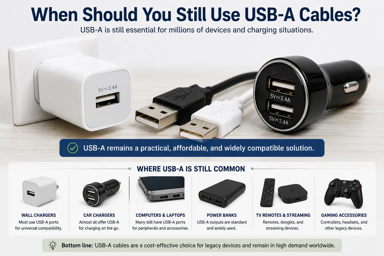 Common Devices with USB-A Ports A USB-A wall charger and a car charger with USB-A ports