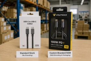 Two USB-C cable packaging options displayed on a table—one standard stock with no branding and one custom branded with full packaging, set in an industrial warehouse.