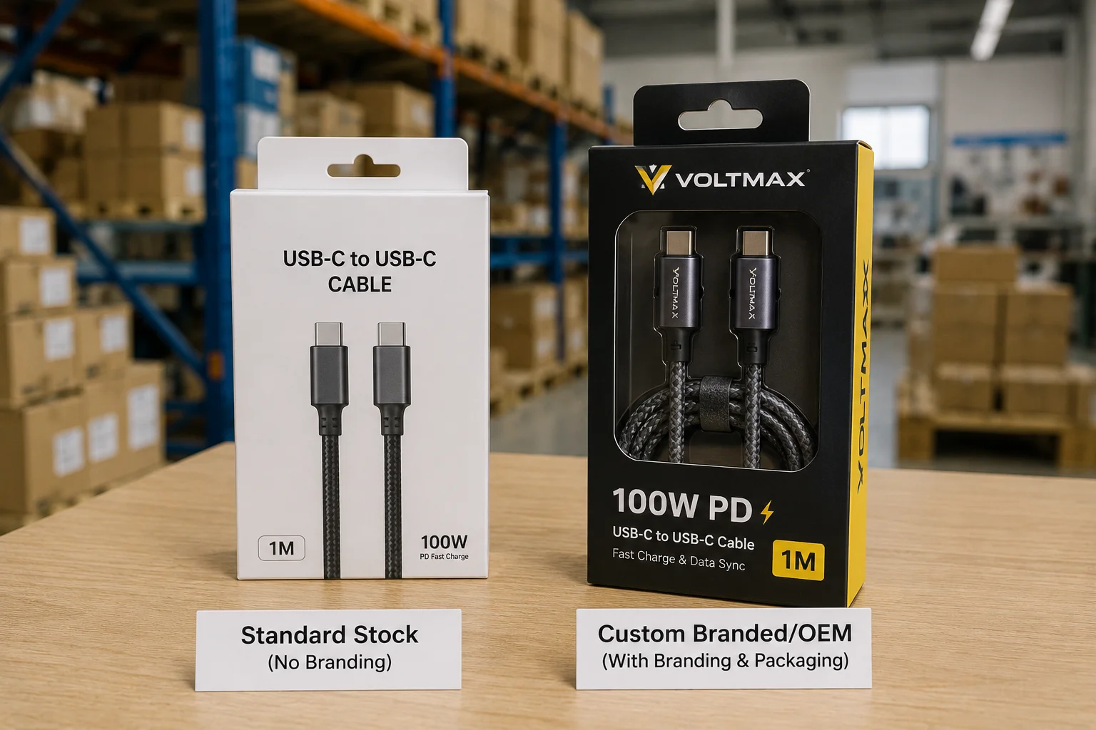 Standard Stock vs Private Label Packaging A generic cable package next to a custom branded one