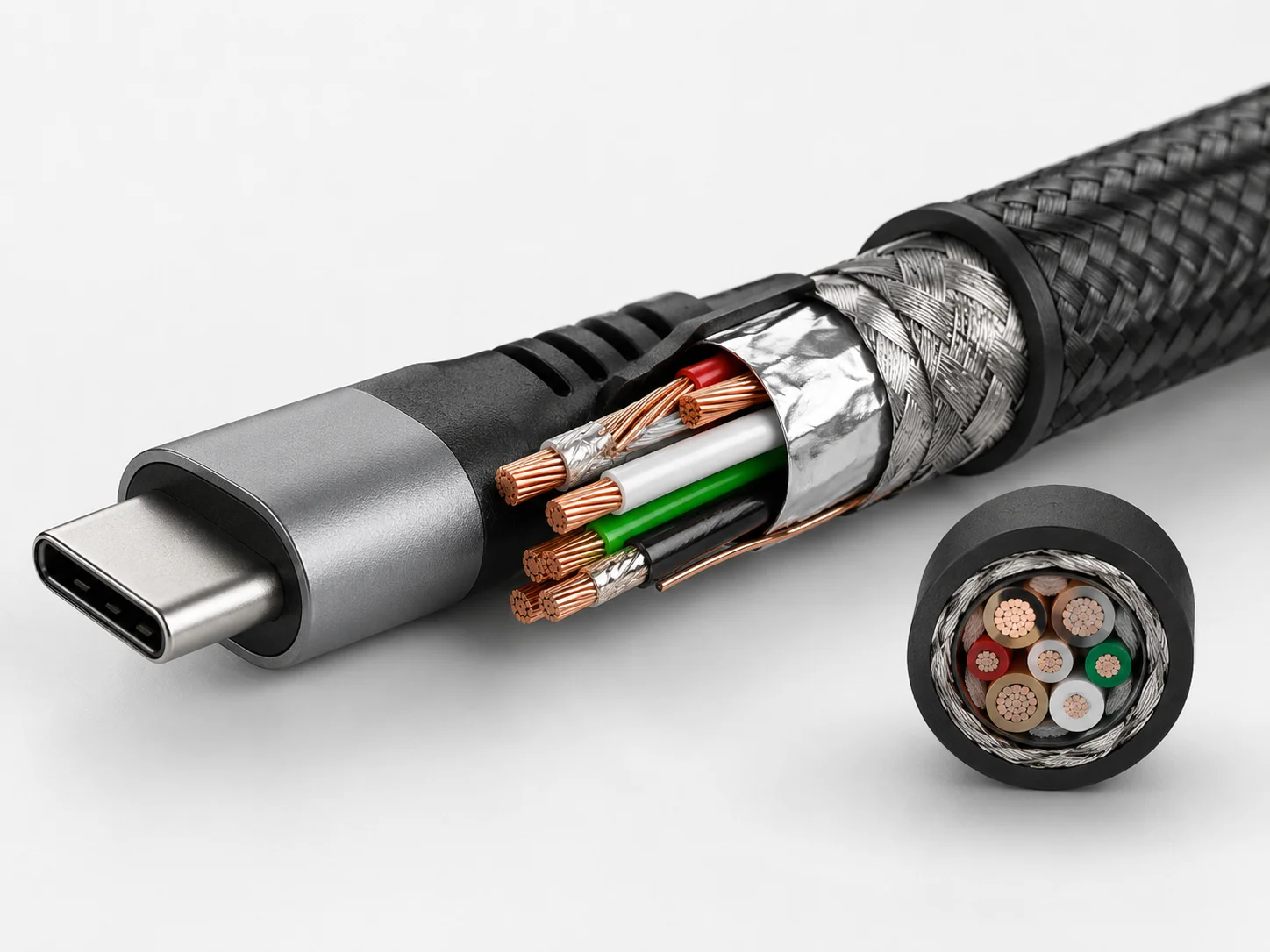 Cross-section of a quality USB-C cable A cross-section of a high-quality USB cable showing thick copper wires and multiple layers of shielding