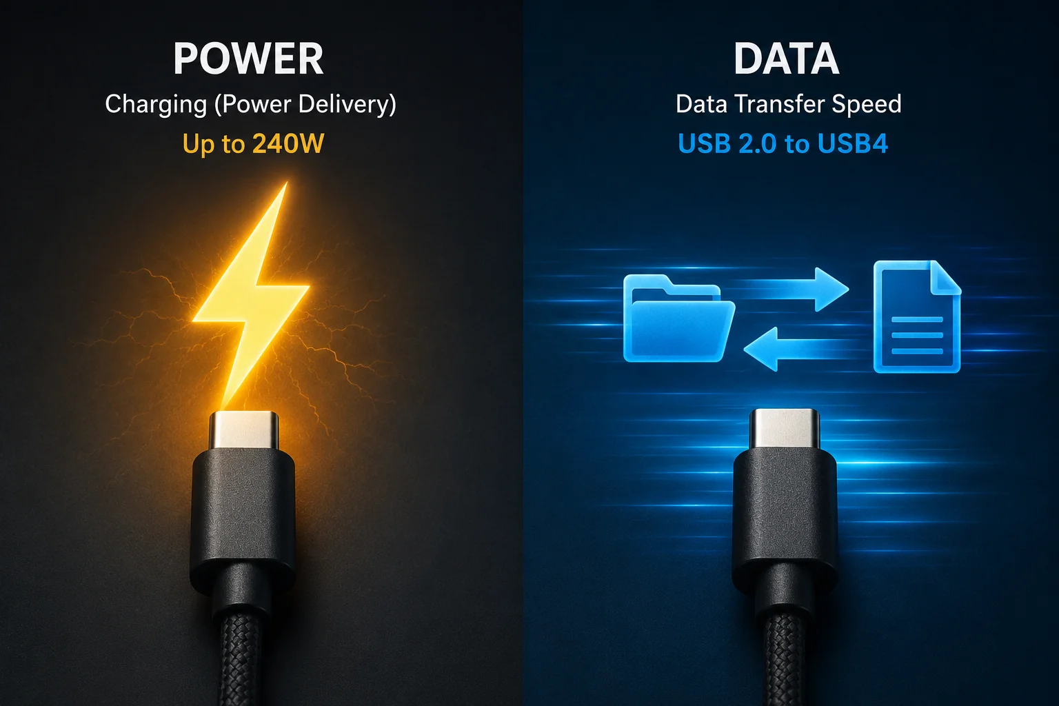 Icons for charging power and data speed shown separately A split image showing a lightning bolt for power on one side, and a data transfer icon on the other