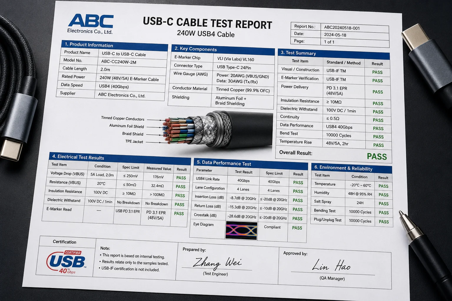 A technical testing report for a USB cable An image of a technical document or a quality testing report