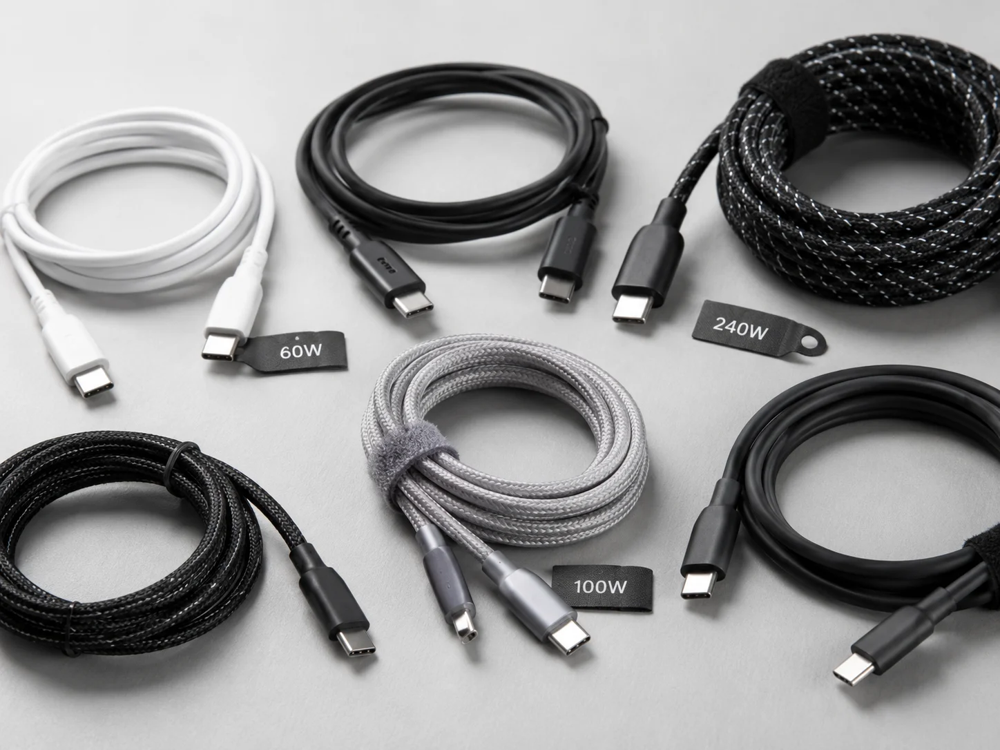 A collection of different USB-C cables showing various thicknesses and connectors A diagram showing a USB PD charger, cable, and device communicating with each other