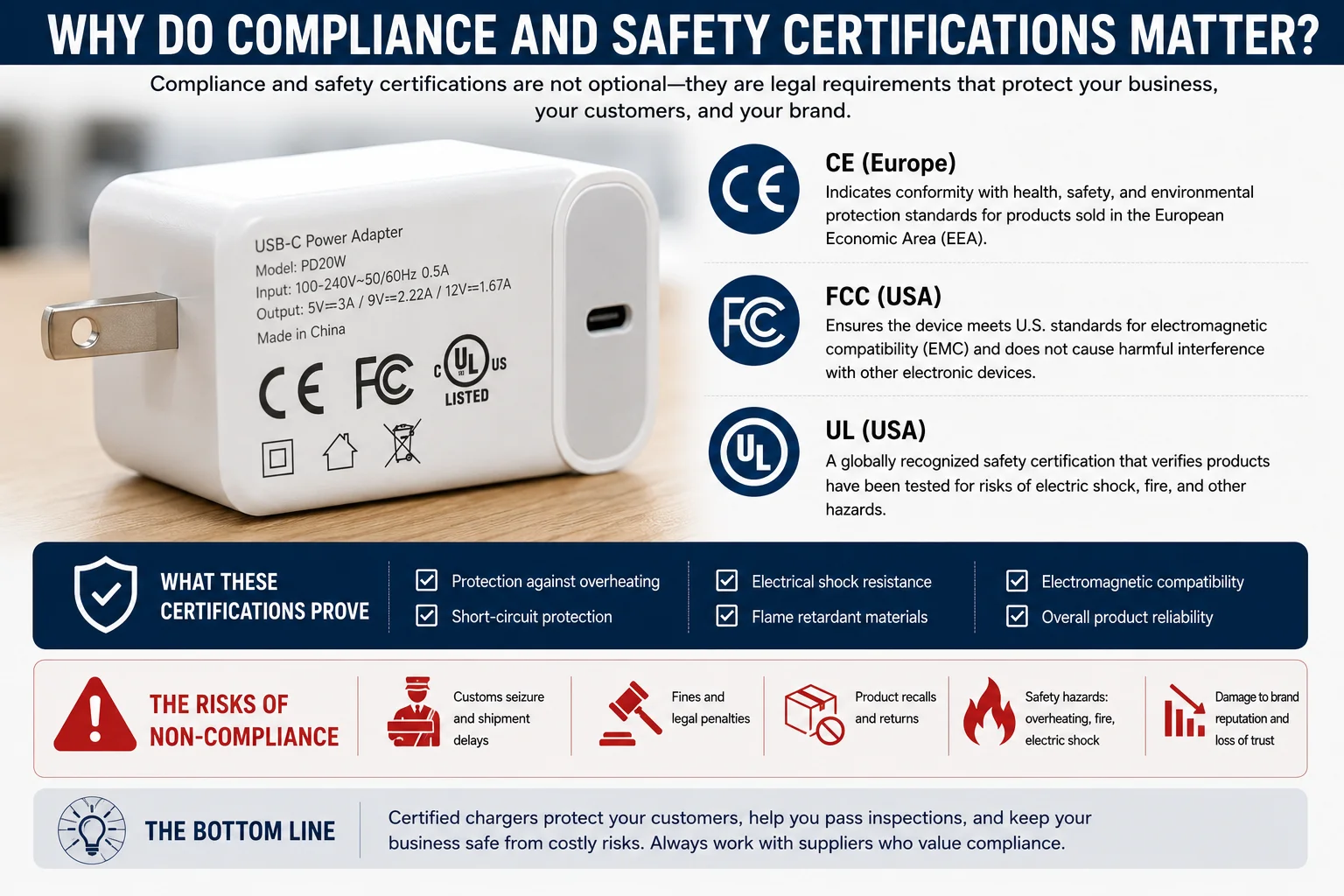 Charger Safety Certifications Logos of different international safety certifications like UL, CE, FCC