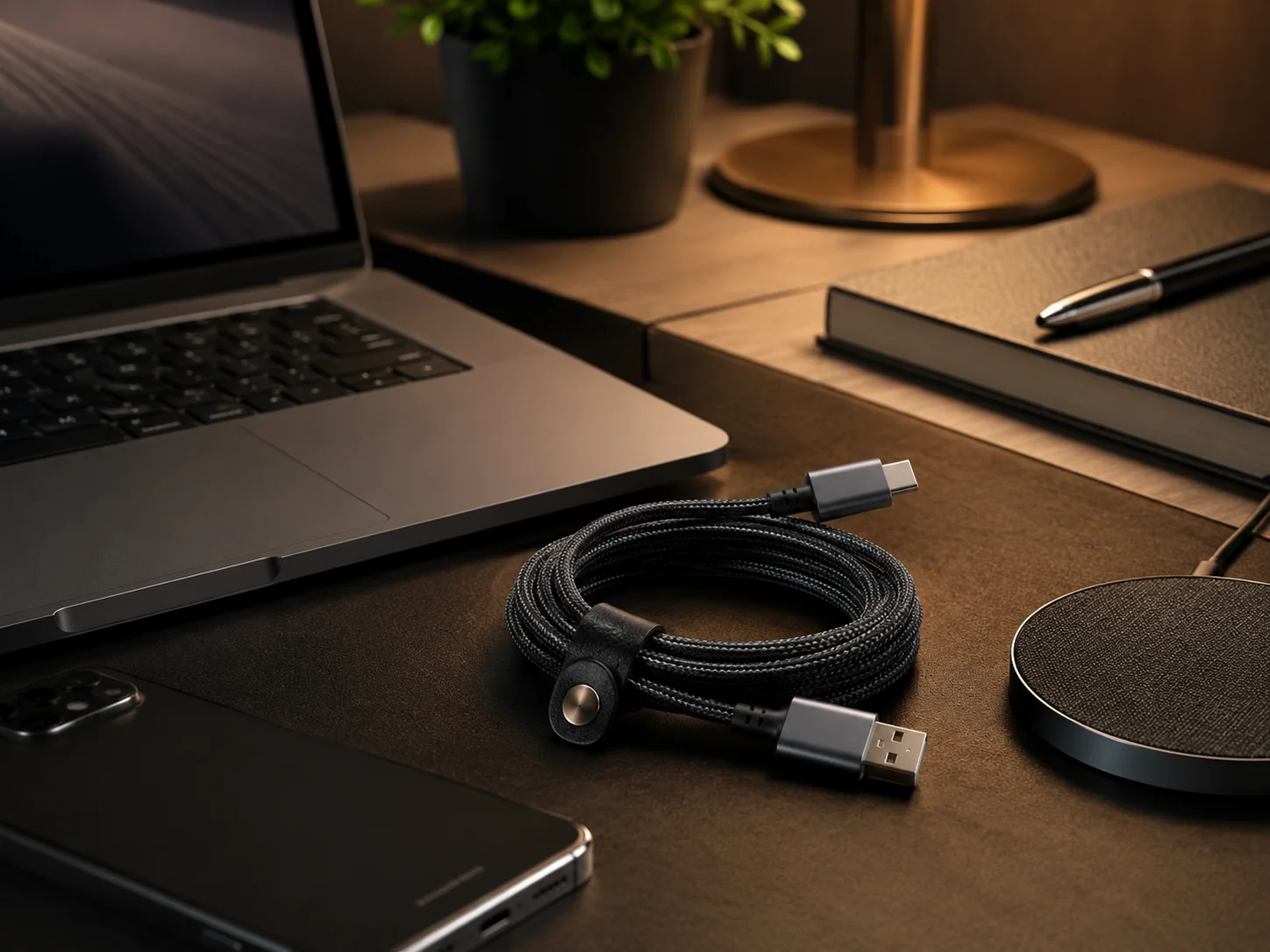 stylish desk setup with a braided cable