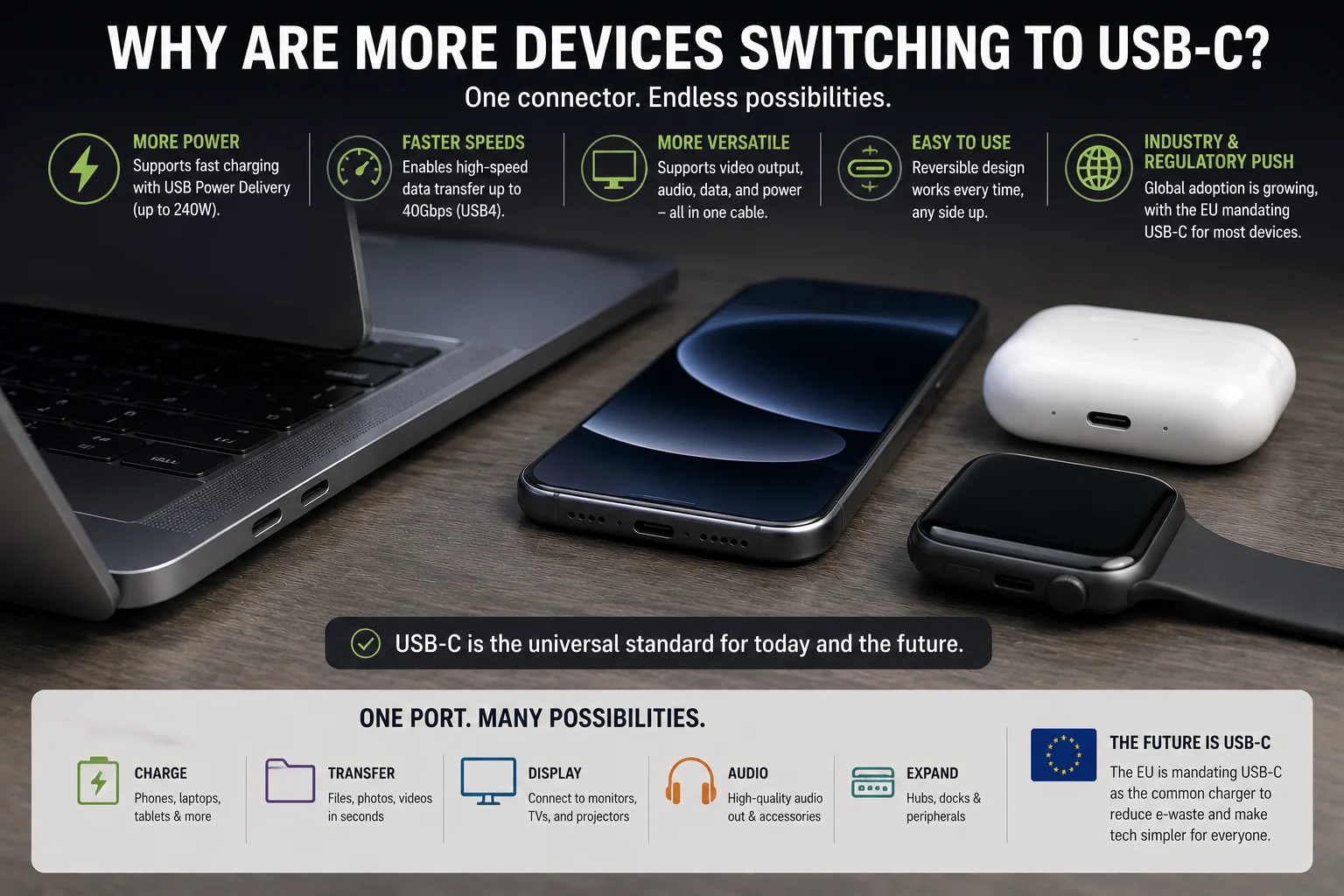 Devices with USB-C Ports A collection of modern devices with USB-C ports: laptop, phone, headphones