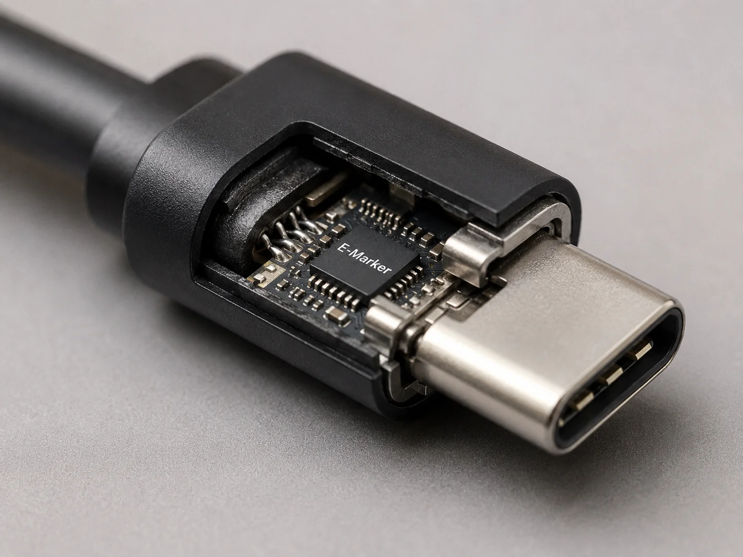 Close-up of a USB-C E-Marker chip A close-up macro shot of a USB-C connector with a small E-Marker chip visible