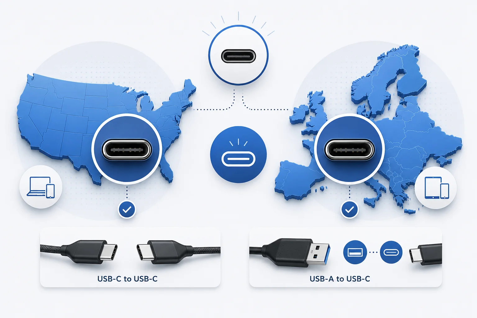 A map of the US and EU with USB-C icons over them