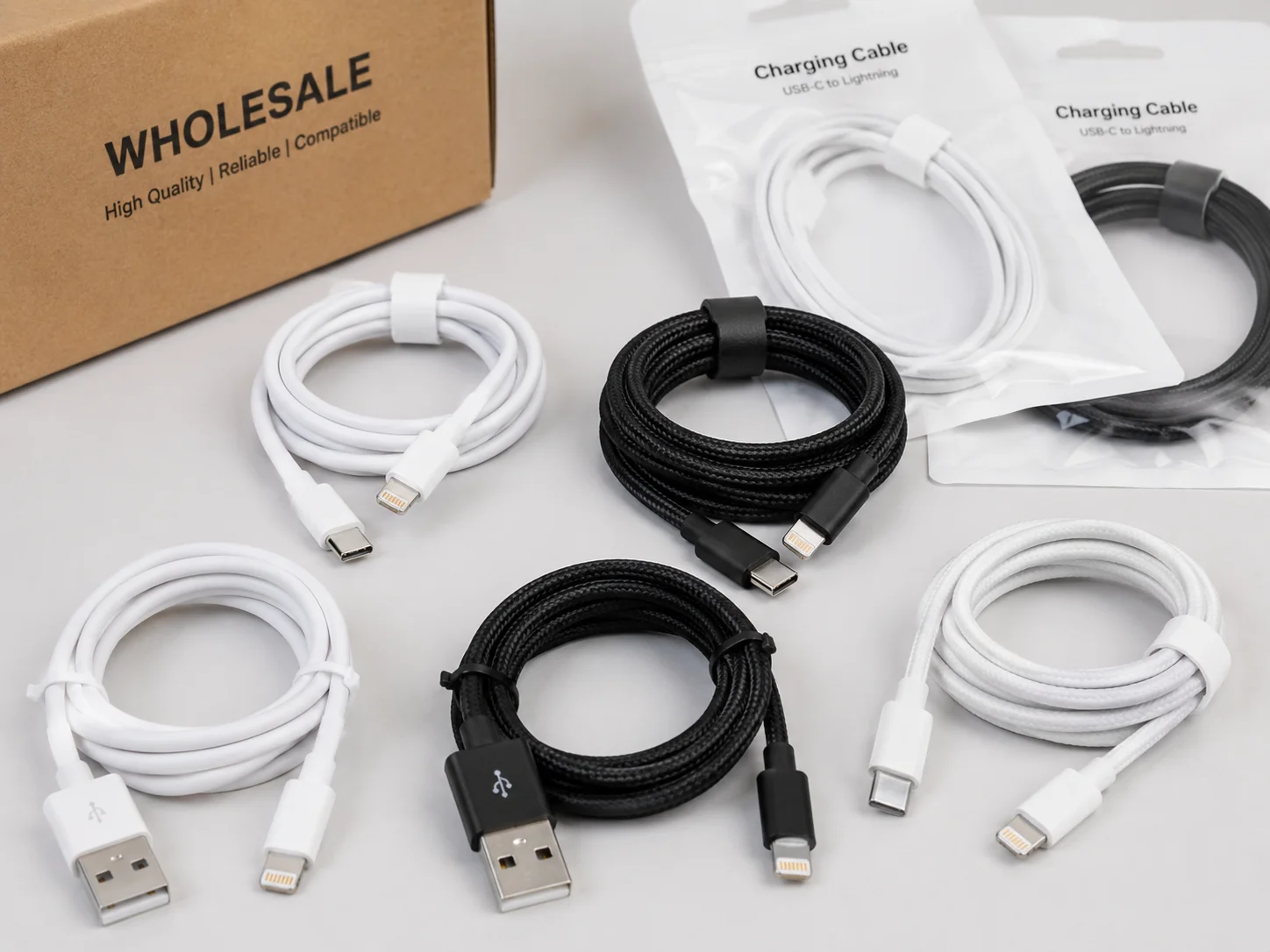 A collection of different iPhone compatible charging cables for wholesale
