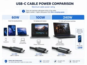 USB-C cable power comparison chart displaying maximum safe cable power ratings: 60W for everyday devices, 100W for laptops and creators, and 240W for high-performance machines.