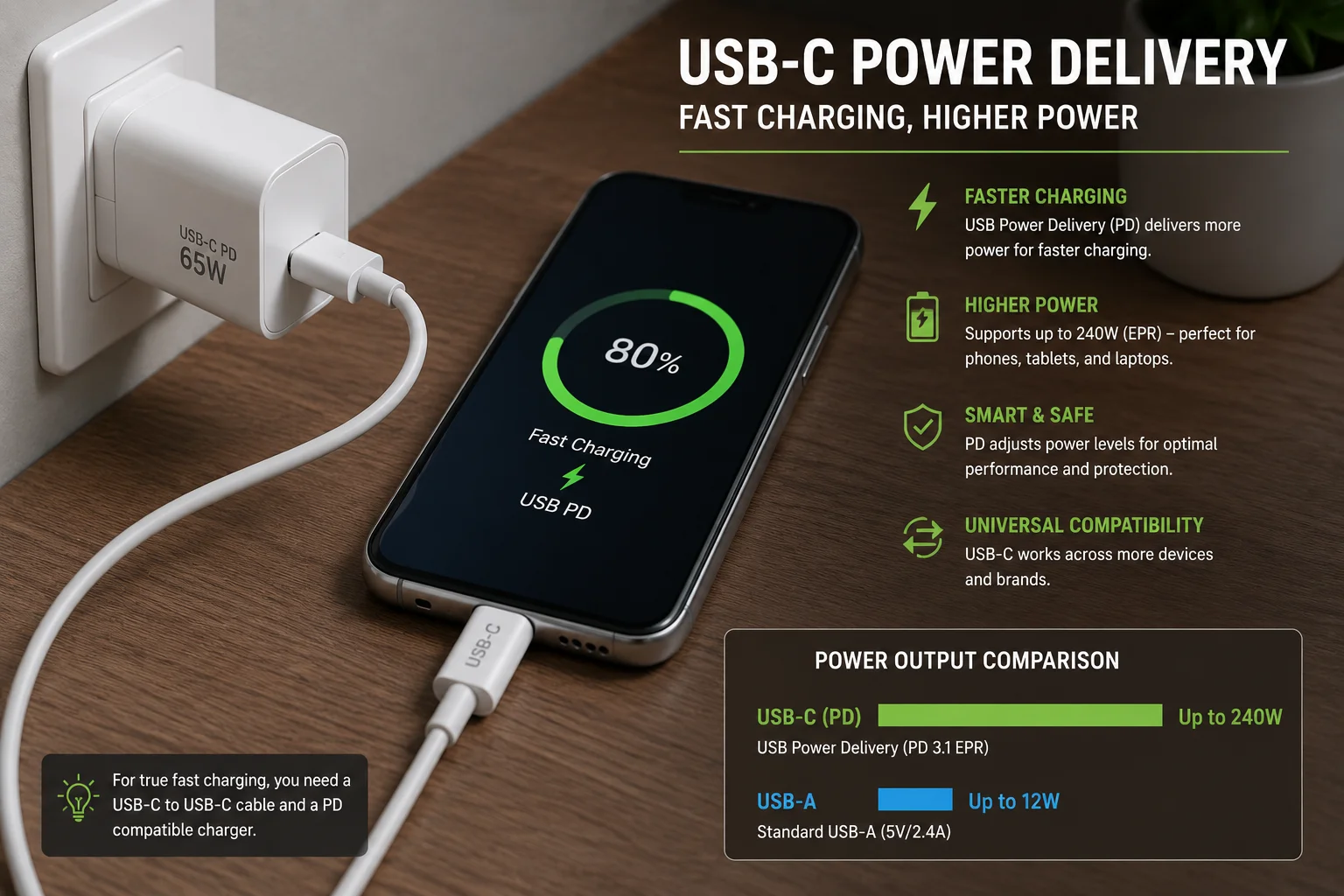 USB-C Power Delivery Fast Charging A phone fast-charging with a USB-C cable and PD charger