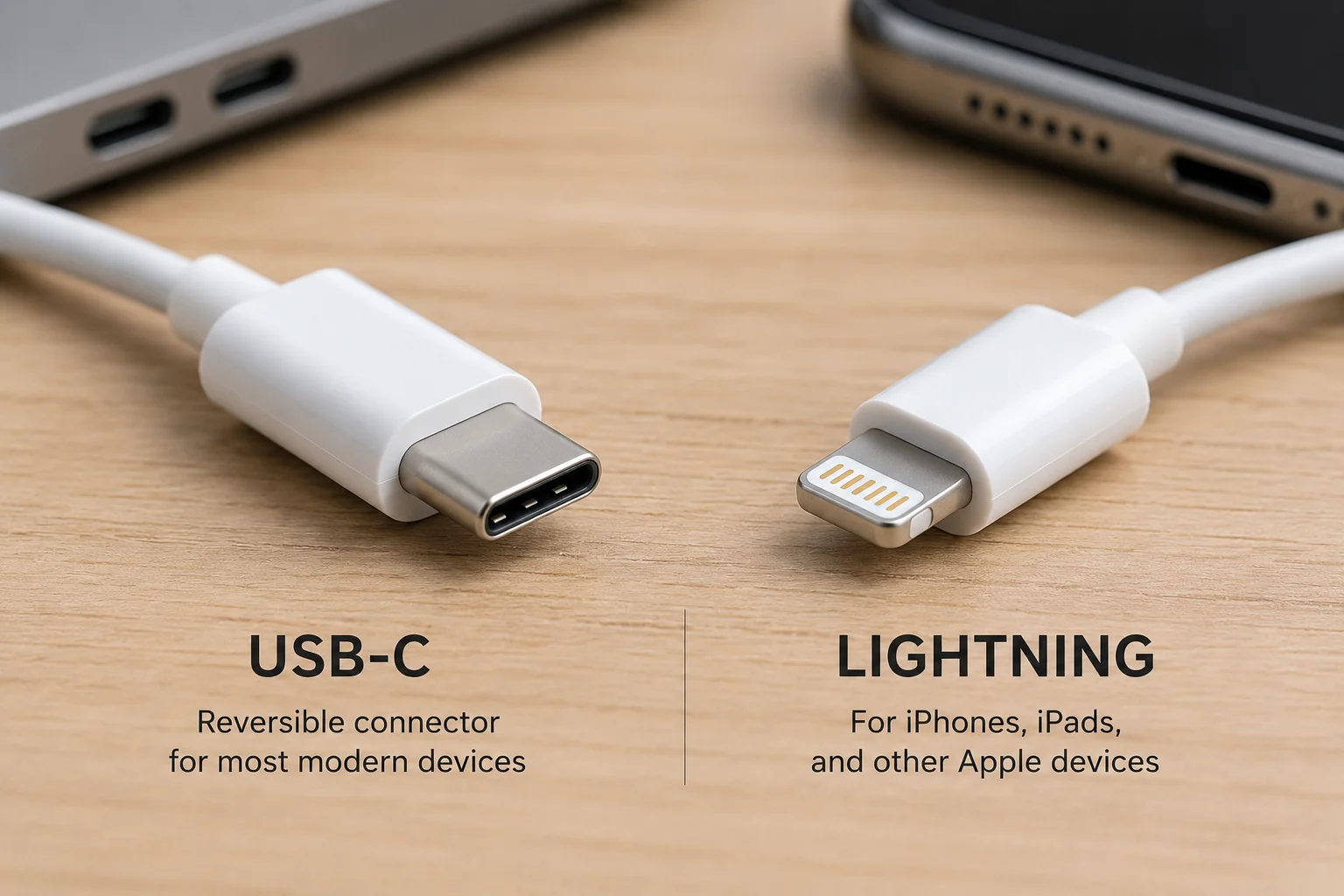 USB-C vs Lightning Connectors USB-C and Lightning connectors side-by-side
