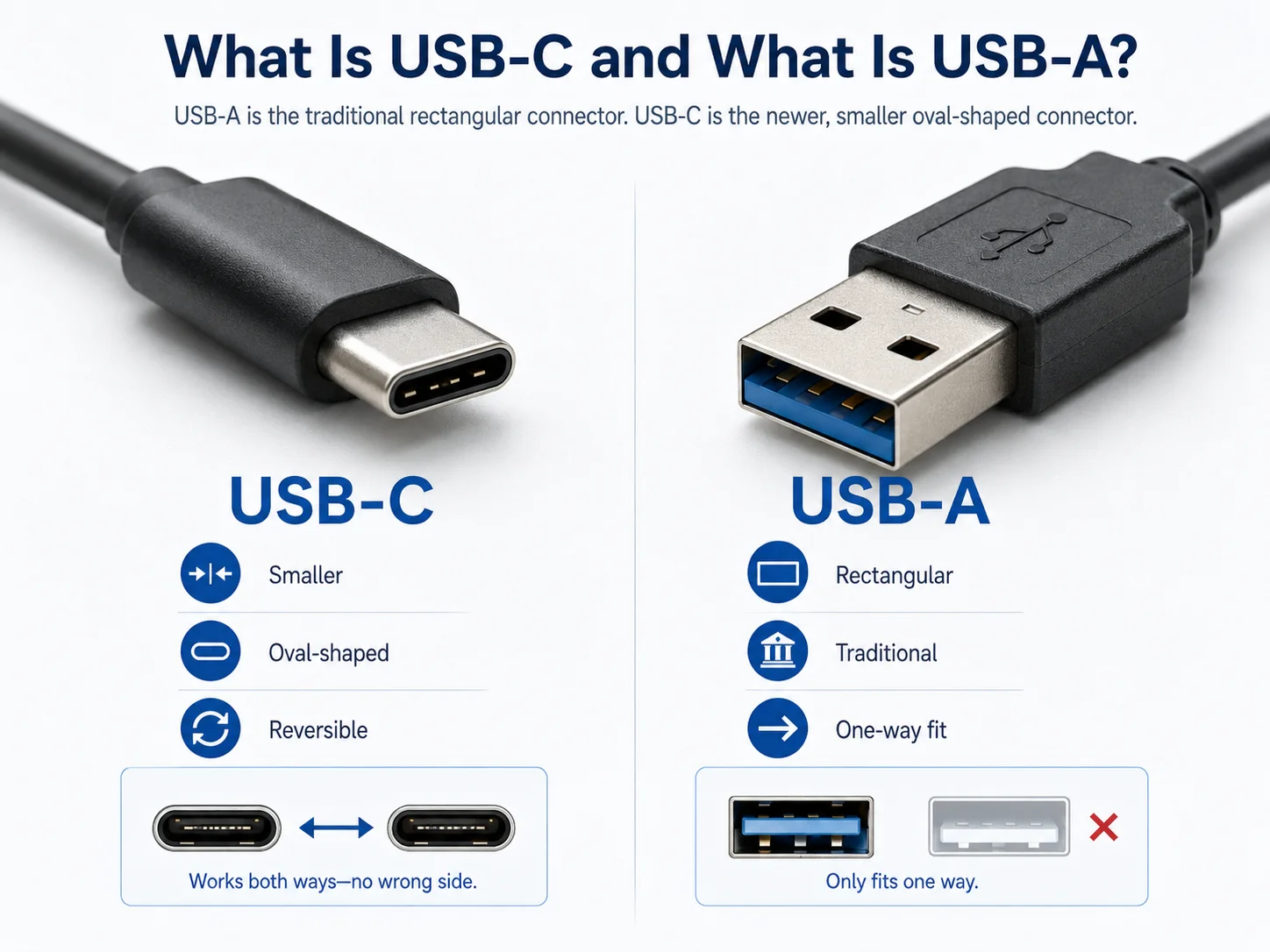 Close-up of USB-C and USB-A Connectors A close-up of a USB-C connector and a USB-A connector