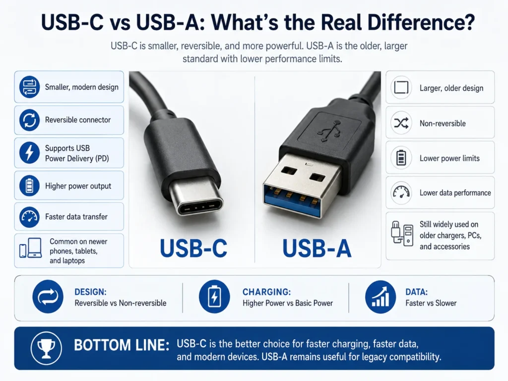 Side-by-side comparison of USB-C and USB-A connectors highlighting features like design, charging power, data transfer speed, and compatibility.