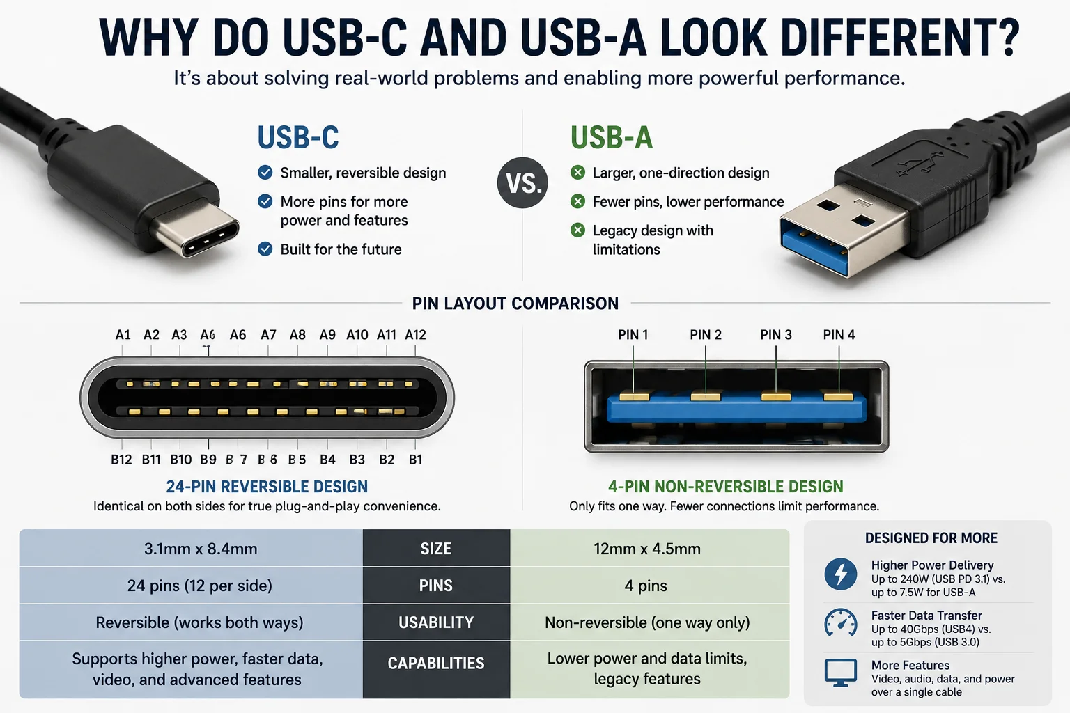 Pin Layout of USB-C and USB-A Diagram showing the pin layout of USB-C vs USB-A
