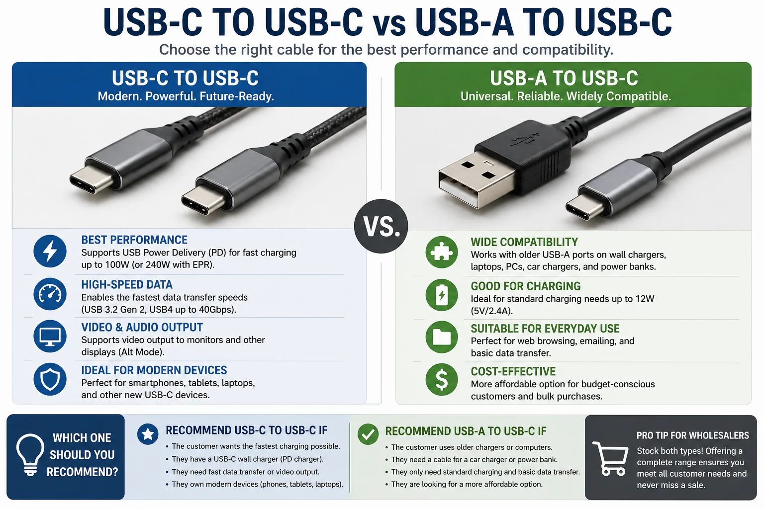 USB-C to C vs USB-A to C Cables Side-by-side comparison of a USB-C to USB-C cable and a USB-A to USB-C cable