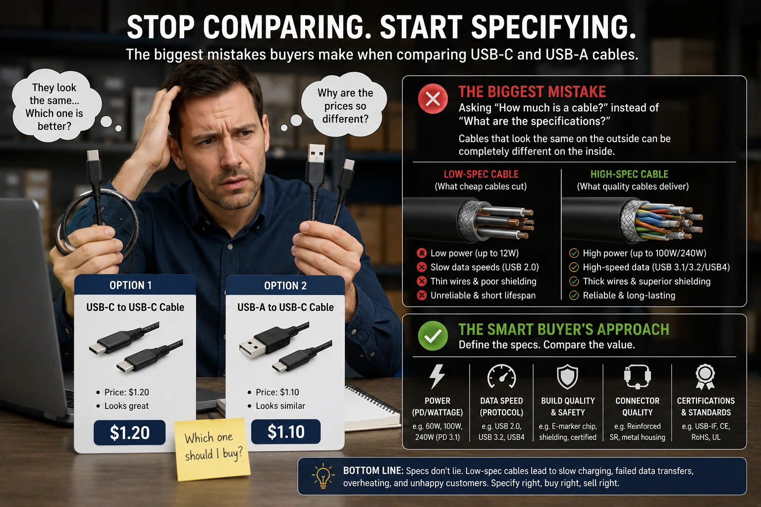 Buyer Comparing USB Cables A buyer looking confused while comparing two similar-looking USB cables