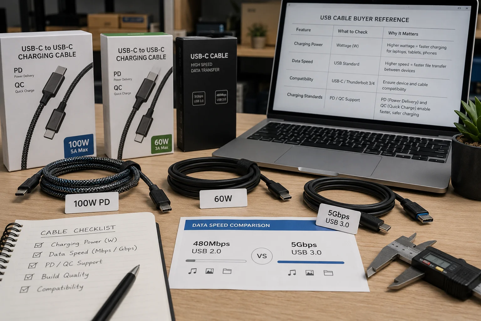 Key USB Cable Technical Specs Icons for Power Delivery, Quick Charge, and data transfer speeds