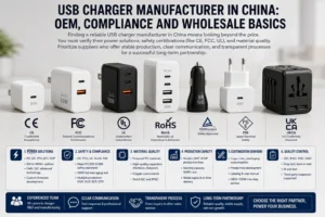 Various USB chargers displayed with details on certifications like CE, FCC, UL, and features highlighting OEM compliance basics.