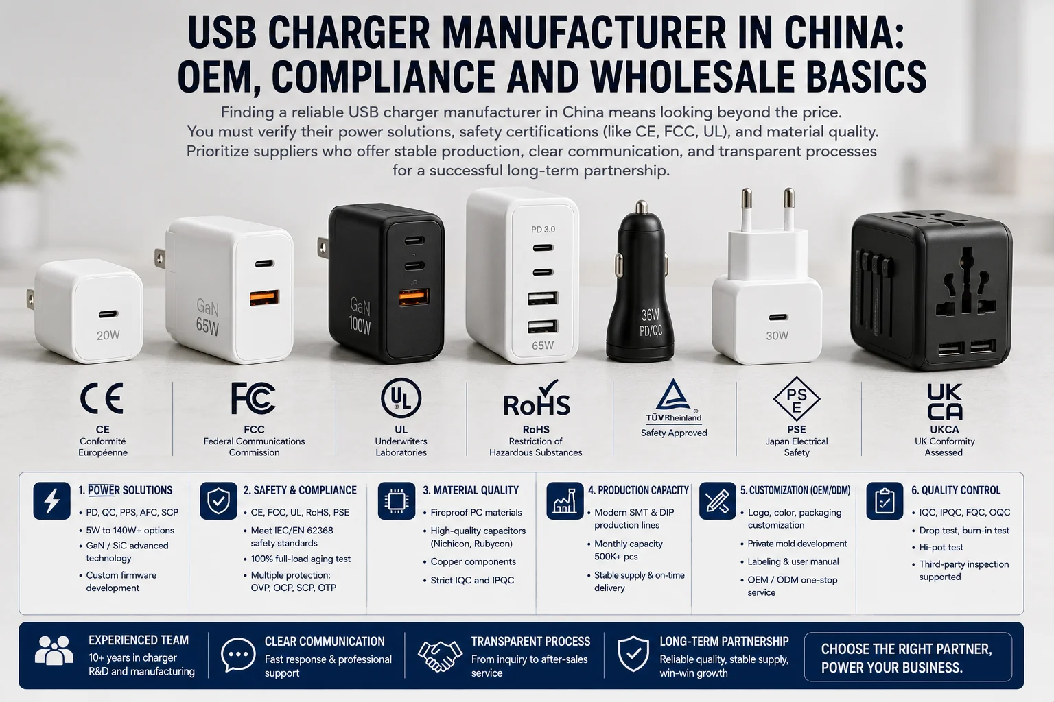 USB Charger Manufacturing and Compliance A collection of different USB chargers with various certifications.