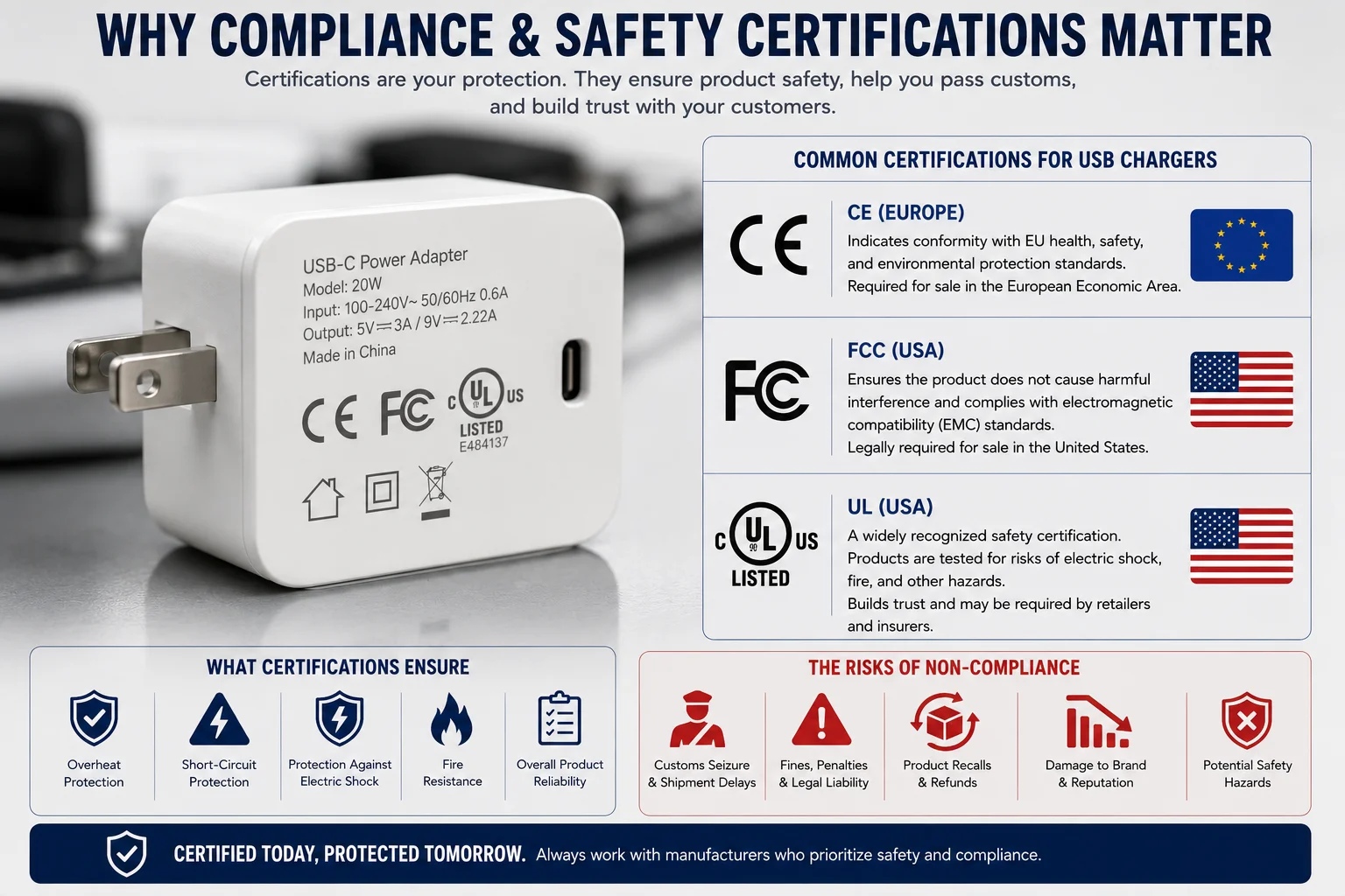 GaN Charger Safety Certifications A collection of certification logos like CE, FCC, UL, and RoHS.